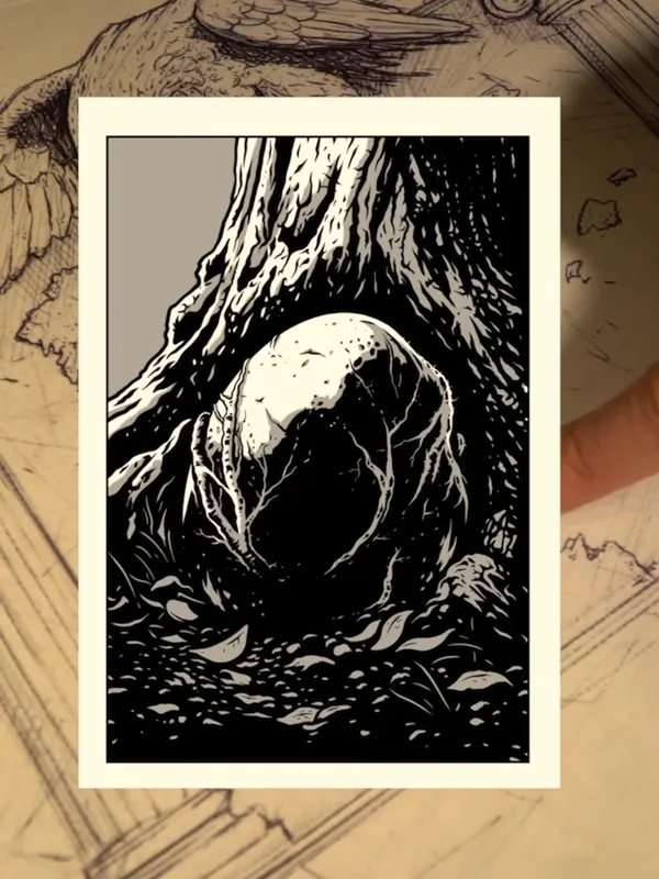Ilustración en tinta de un huevo que se rompe en el tronco de un árbol, de Carles Esquembre.